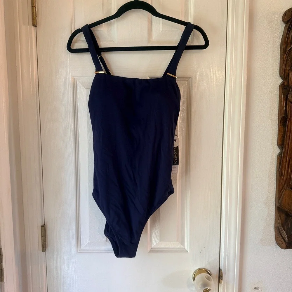 Becca Luxe Square-Neck‎ One-Piece Swimsuit Corset Back Indigo Blue 12